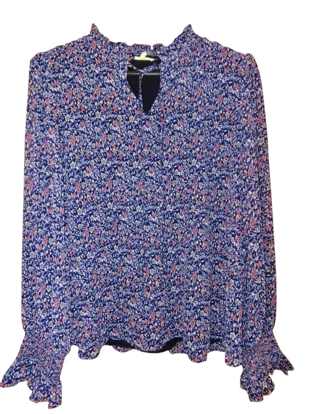 JODIFL Navy Floral Ruffle Long-Sleeve Blouse